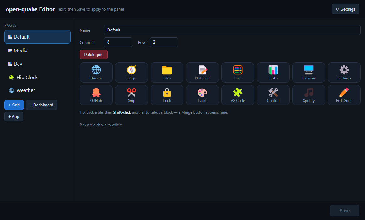 The desktop editor showing a configurable grid of app shortcuts